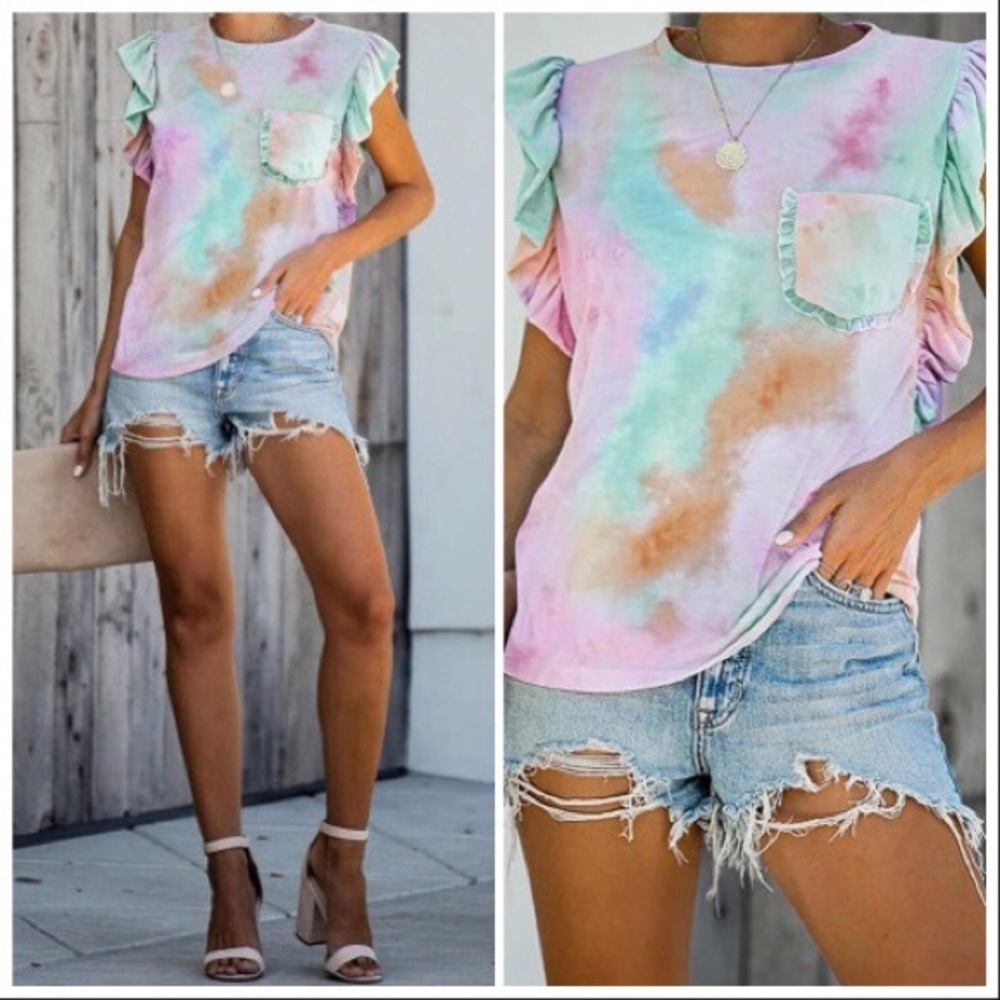 NEW‼️Multicolor Tie-dye Ruffled Cap Sleeves- top